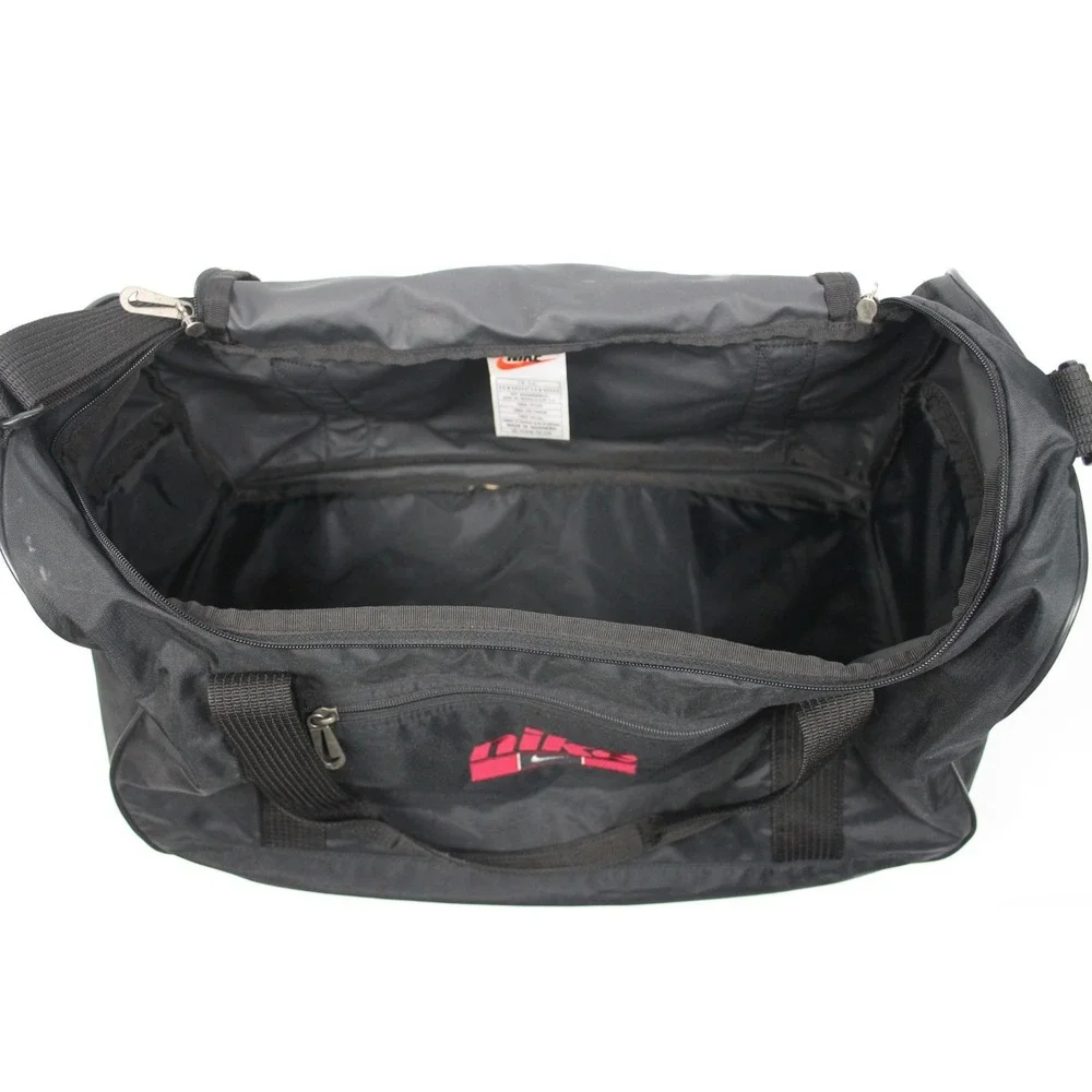 VINTAGE 90's NIKE Duffle Gym Sports Bag SWOOSH Embroidered BLACK / Red Logo y2k